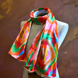 Mulberry Silk scarf with original artwork pink and orange | Handmade in Canada | Nathon Kong
