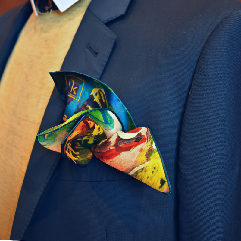 Mulberry silk pocket square with unique printed painting | Fashion Designer Nathon Kong