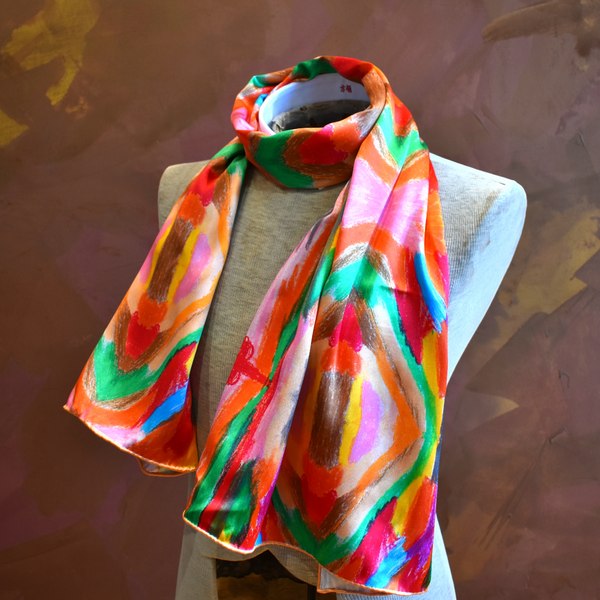 Mulberry Silk scarf with original artwork pink and orange | Handmade in Canada | Nathon Kong